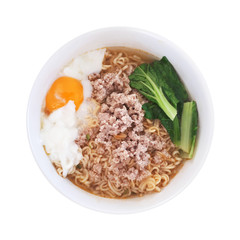 instant noodles in bowl with boiled egg and minced pork isolated on white