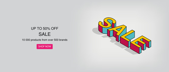Obraz premium Pop art word sale in isometric 3d style. Vector cartoon comic illustration for posters, social media banners, email and newsletter designs promotional material in pop-art style.