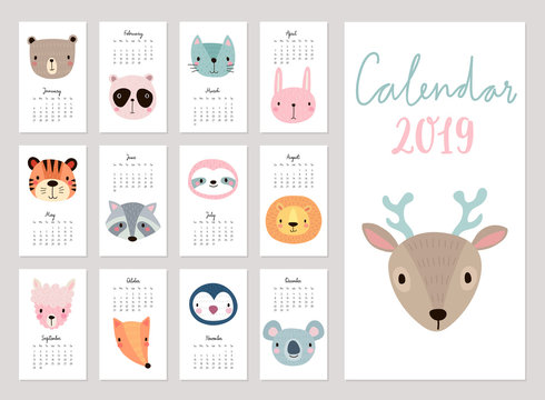 Calendar 2019. Cute monthly calendar with animals. Hand drawn characters.