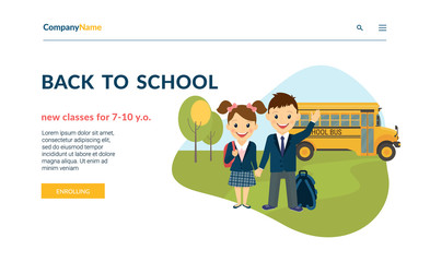 Back to school illustration of two happy pupils wearing uniform and bus behind them. Flat concept vector website template and landing page design of preschool classes and courses enrolling services