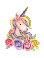 A fairytale unicorn with colored horn and flowers. Watercolor illustration. Magic horse for baby. Can be used for a children's card, poster for newborn.