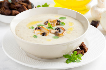 Mushroom cream soup with cream, croutons of dark bread, olive oil, tasty healthy food