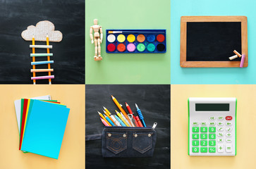 Back to school collage concept. school objects and supply with classroom blackboard.