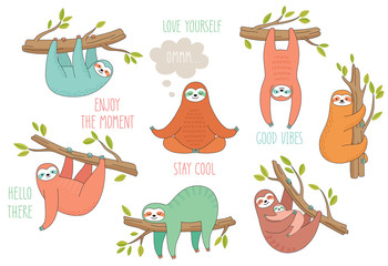 Set of cute hand drawn sloths hanging on the tree. Lazy animal characters. © lumencre
