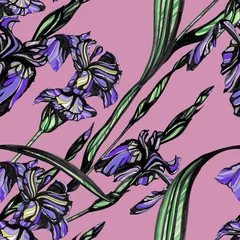 Zelfklevend Fotobehang Aquarel natuur set Iris bloemen naadloos patroon. Hand getekende inkt illustratie. Behang of stof ontwerp.