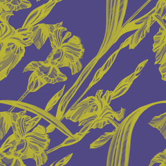 Fototapeta na wymiar Iris flowers seamless pattern. Hand drawn ink illustration. Wallpaper or fabric design.