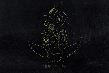 time flies clock with wings and business objects flying out of it