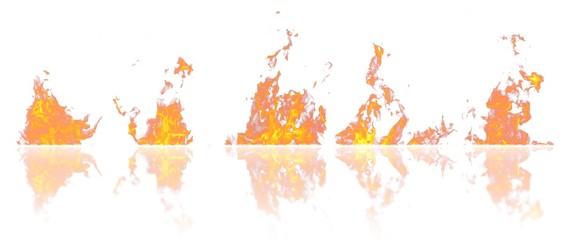 Obraz premium Real fire flames with reflection isolated on white background. Mockup on white of 5 flames.