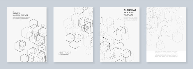 Minimal brochure templates with hexagons and lines on white. Hexagon infographic. Digital technology, science or medical concept.Templates for flyer, leaflet, brochure, report, presentation.