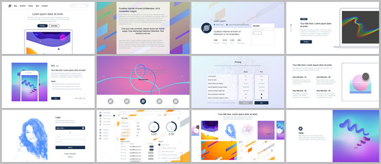 Vector templates for website design, minimal presentations, portfolio with geometric colorful patterns, gradients, fluid shapes. UI, UX, GUI. Design of headers, dashboard, features page, blog etc.