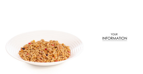 Granola with fruit flakes in plate pattern on a white background isolation