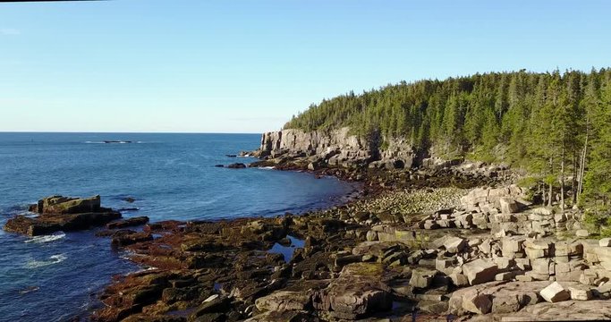 Flying over Acadia National Park coastline in Maine 
