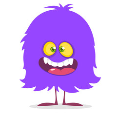 Cute cartoon monster smiling. Vector illustration of purple hairy monster. Design for children book, sticker, print or party decoration