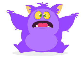 Cute cartoon yeti or bigfoot waving hands. Vector illustration of purple hairy monster. Halloween design