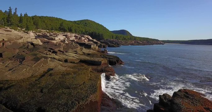 Aerial view over a rocky coastline near Acadia National Park, Maine 