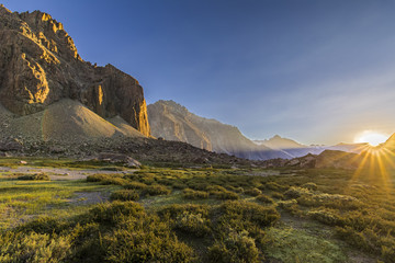 Andes valleys inside central Chile at Cajon del Maipo, Santiago de Chile, amazing views over...