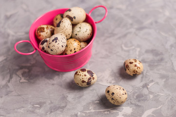 One pink metal rural basin with handles full of spotted fresh quail eggs beside three scattered...