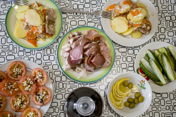 A table with dishes of Russian cuisine