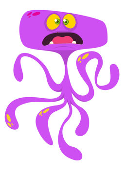Cute cartoon monster alien or octopus. Vector illustration of purple flying monster