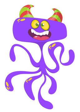 Cute cartoon monster alien or octopus. Vector illustration of purple flying monster for Halloween