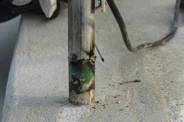 welds of a railing during the renovation of a roof in the evening in Italy