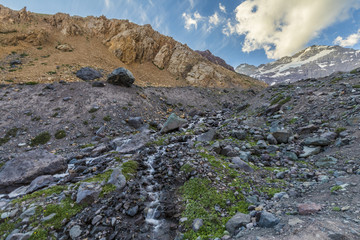 Andes valleys inside central Chile at Cajon del Maipo, Santiago de Chile, amazing views over mountains and glaciers