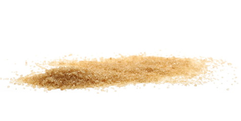 Brown cane sugar pile isolated on white background, sugarcane texture
