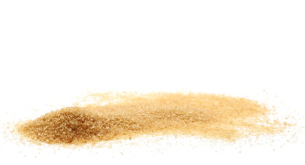 Brown cane sugar pile isolated on white background, sugarcane texture