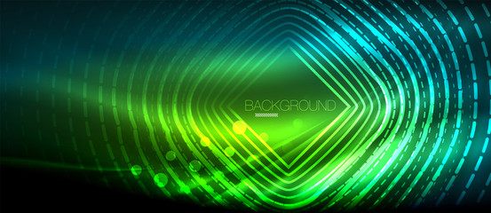 Neon glowing wave, magic energy and light motion background. Wallpaper template, hi-tech future concept