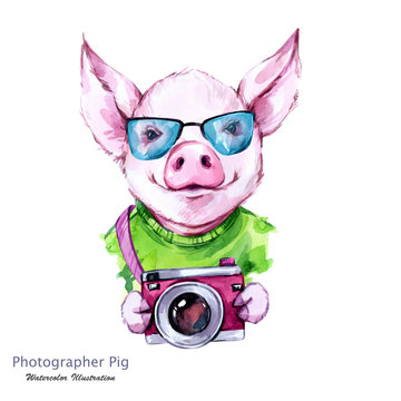 Summer holidays illustration. Watercolor cartoon pig with glasses and camera. Funny photographer. Traveling. Symbol of 2019 year. Perfect for T-shirts, invitations, cards, phone cases.