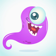 Happy cartoon monster with one eye. Vector  Halloween illustration of purple ghost
