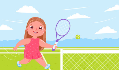 Cute baby girl playing tennis  with raquet at  court. Doing sports healthy life. Daily routine.  
