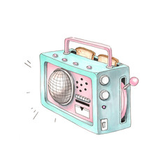 Hand drawn aquarelle colorful illustration. Watercolor artwork. Cool vintage radio and toaster in one appliance. Ready breakfast, delicious white bread toast. Music or voice on good morning radio show