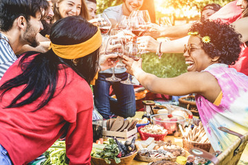 Happy people cheering with wine glasses at picnic outdoor