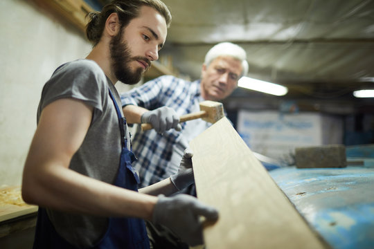 Young and mature workers processing wooden board and preparing it for shipbuilding