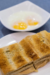 Singapore Breakfast Kaya Toast, Coffee bread and Half boiled eggs