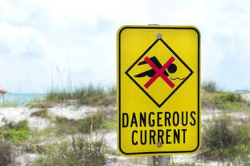 No swimming, "dangerous current" sign at beach, sand dunes, beach.