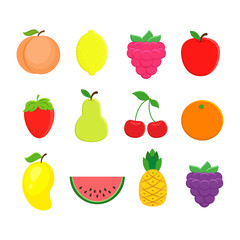 Set of different fruits in flat style. Peach, lemon, mango, wate