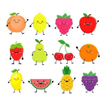 Funny cartoon set of different fruits. Smiling peach, lemon, man