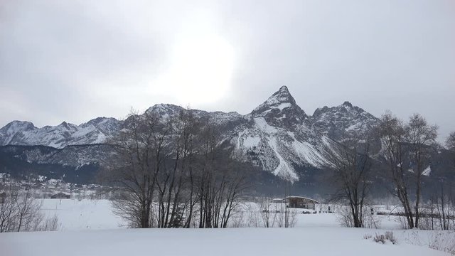 Alpine panorama as seen from Ehrwald, Austria, including the mountains Grubigstein, Drachenstein, Igelkopf as well as Germany's tallest mountain, the Zugspitze.