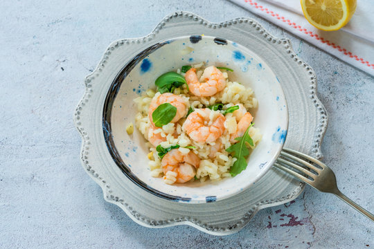 Prawn, fennel and rocket risotto - high angle view