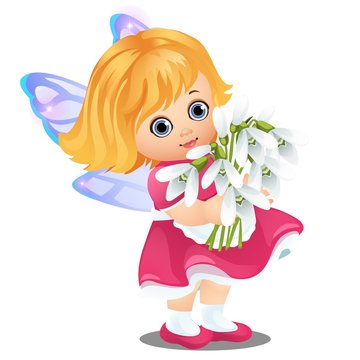 A little happy animated girl with fairy wings holding a bouquet of blooming snowdrops isolated on white background. Vector cartoon close-up illustration.