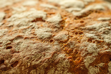 Kruste vom Brot mit Mehl im Gegenlicht