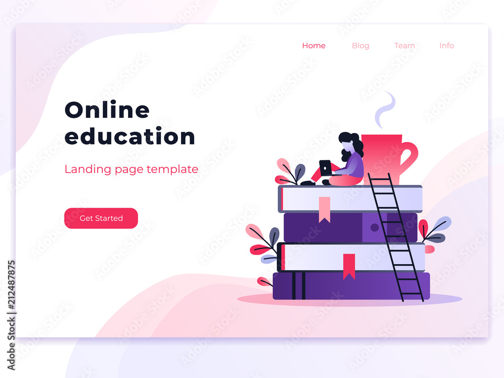Poster landing page template of online education. modern flat design concept of web page design for website