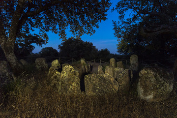 Landscape at dusk with ancient prehistoric dolmen. Gran Dolmen in Montehermoso. Extremadura Spain.