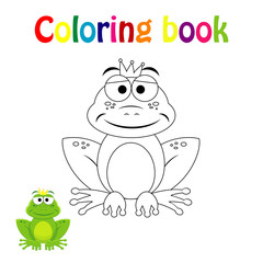 Coloring book page for  children with colorful prince frog  and 