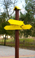 Wooden signpost of bright yellow color decorative