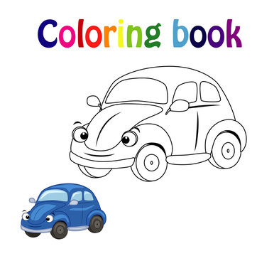 Coloring book page for  children with colorful car  and sketch t