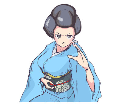 格闘技風のポーズの着物の女性
