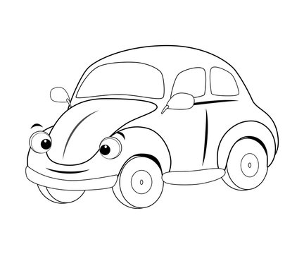 Colorless  funny cartoon car. Vector illustration. Coloring page